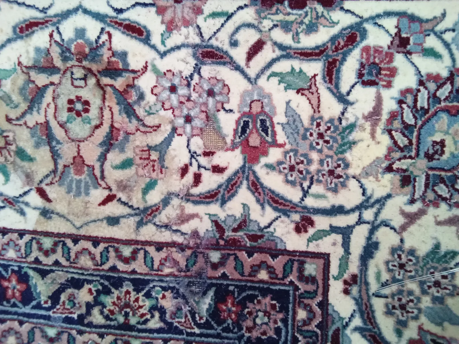 The border and field of a blue and cream Persian rug, photographed at our plant for Aventura