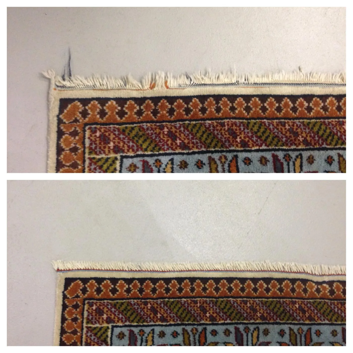 Frayed, worn fringe ends on an oriental rug waiting for repair